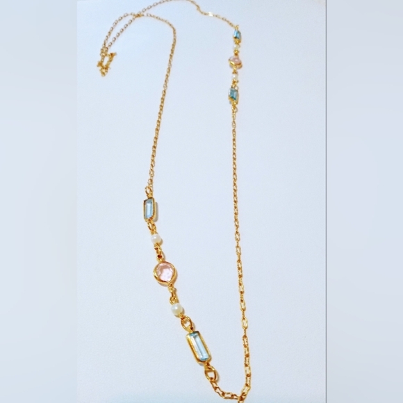 Vintage Necklace Crystal/Glass And Faux Pearl Pink And Blue 30" Station Chain - Picture 2 of 4